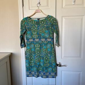 Talbots‎ 3/4 Sleeve Paisley Ponte Dress Green Multi-Color Women's Petites 6